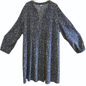 Old Navy blue leaf print dress, long sleeves, pin tuck bodice, rayon, Size XXL